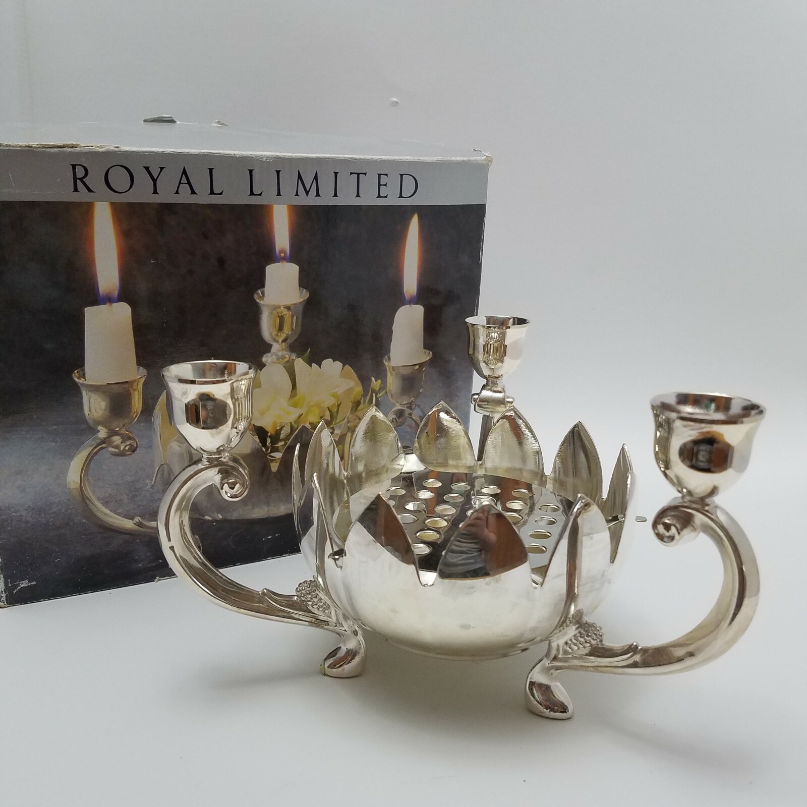 Royal Limited Silver Plate Lotus Flower Centerpiece Bowl w/3 Candle Holders