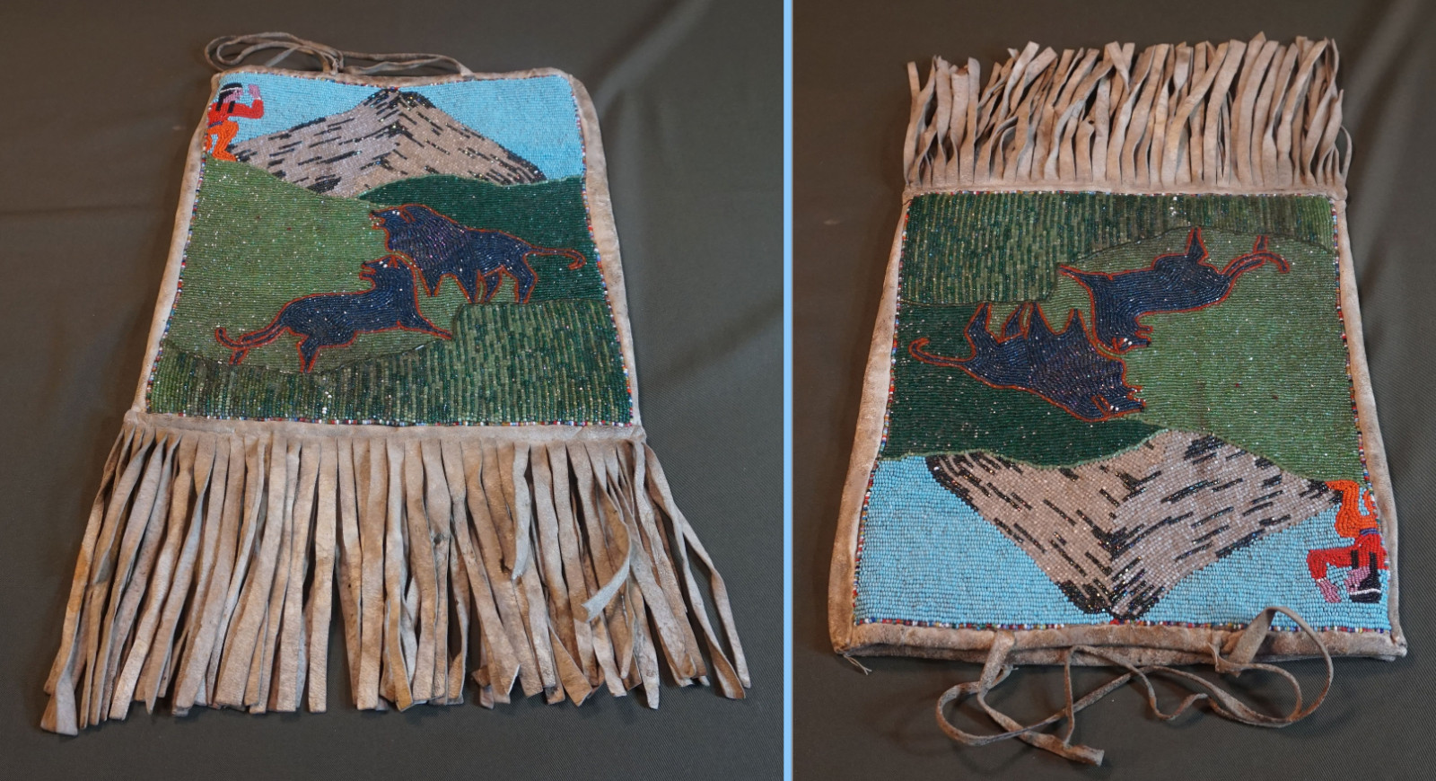 Beautiful 1930’s Native American Yakama Walla Walla Beaded Bag Hunter & Wolves