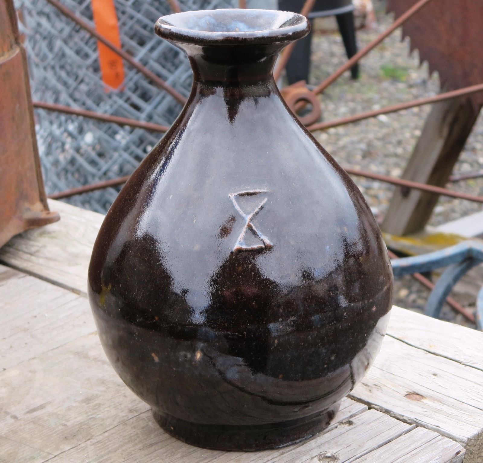 Antique OLD Vintage CHINESE Dark Glazed Pear Shaped Small Vine Vessel Jug Vase
