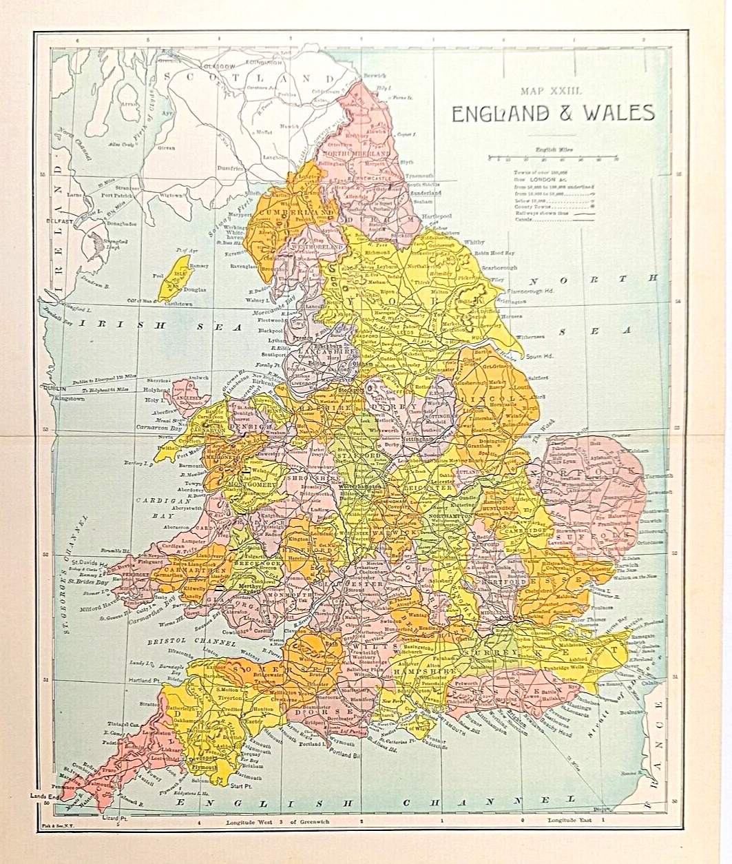 ENGLAND & WALES Antique Map Engraved 1885 – Fisk & Co. – Center Fold- Map XXIII
