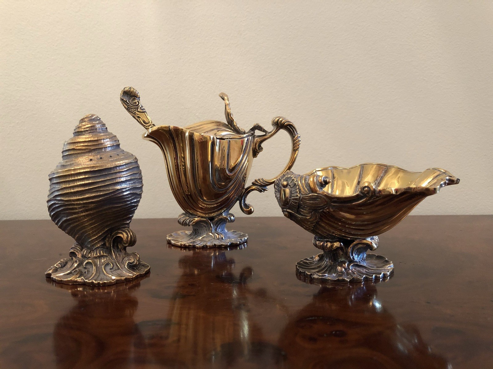Antique CJ Vander Elizabeth II Silver Gilt Shell Condiment 3-Piece Set – RARE