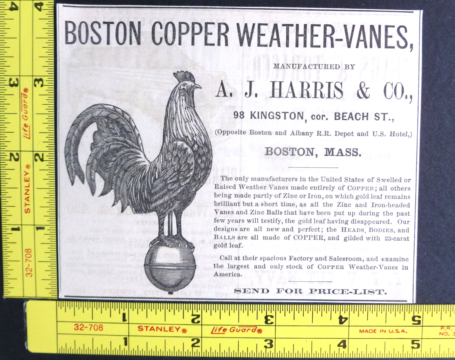 RARE 1871 Antique Ad – Harris & Co COPPER Rooster WEATHER VANE Vtg Boston MA