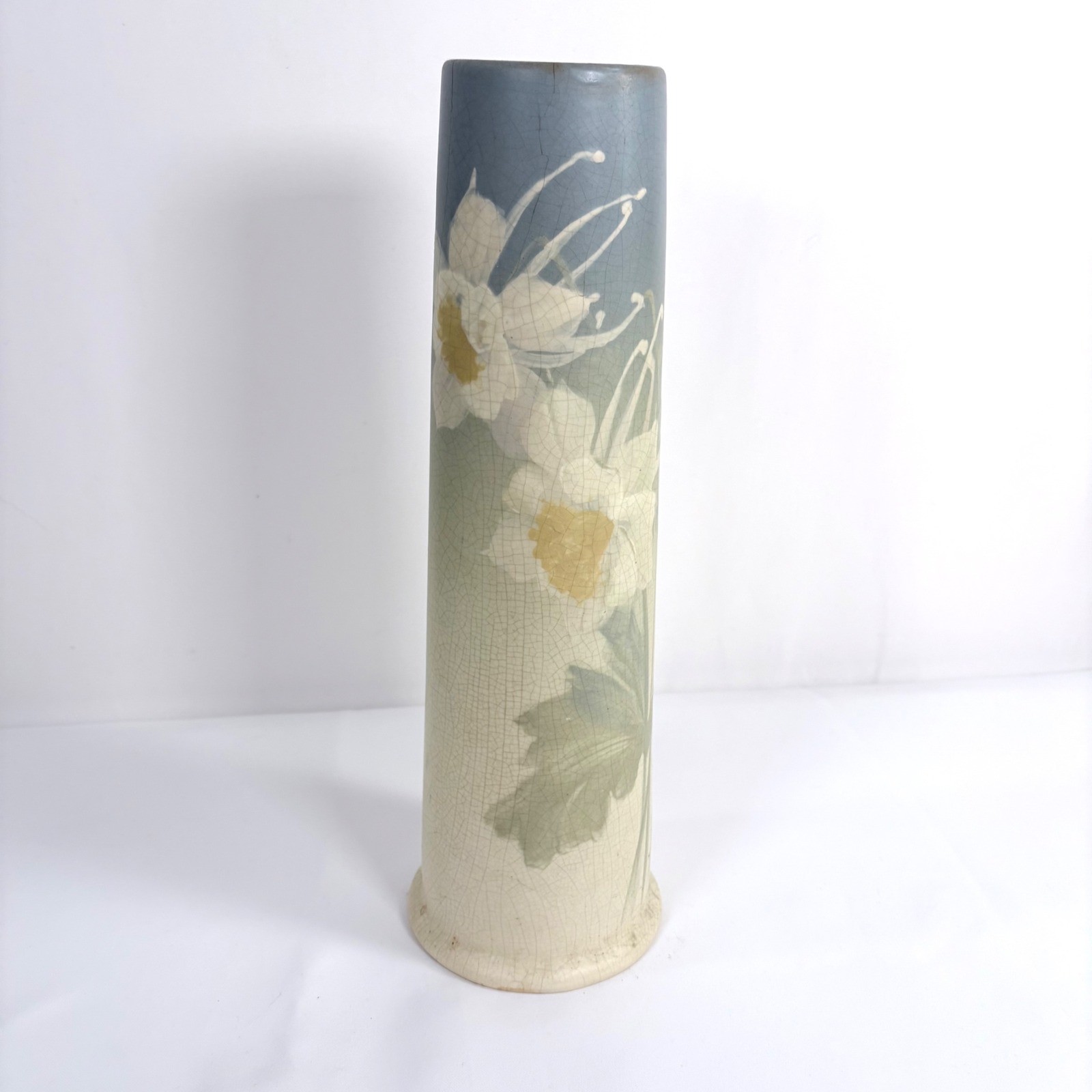 Weller Eocean Matt Pottery Cylinder Vase Floral Hand Painted Antique 13.5 in