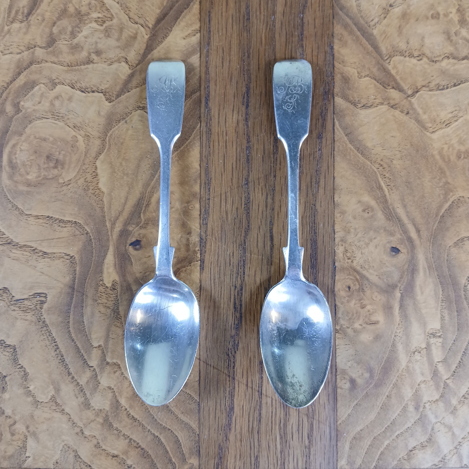 GMJ Georgian Victorian Sterling 5″ Fiddle Spoons Pair Birmingham England 1843