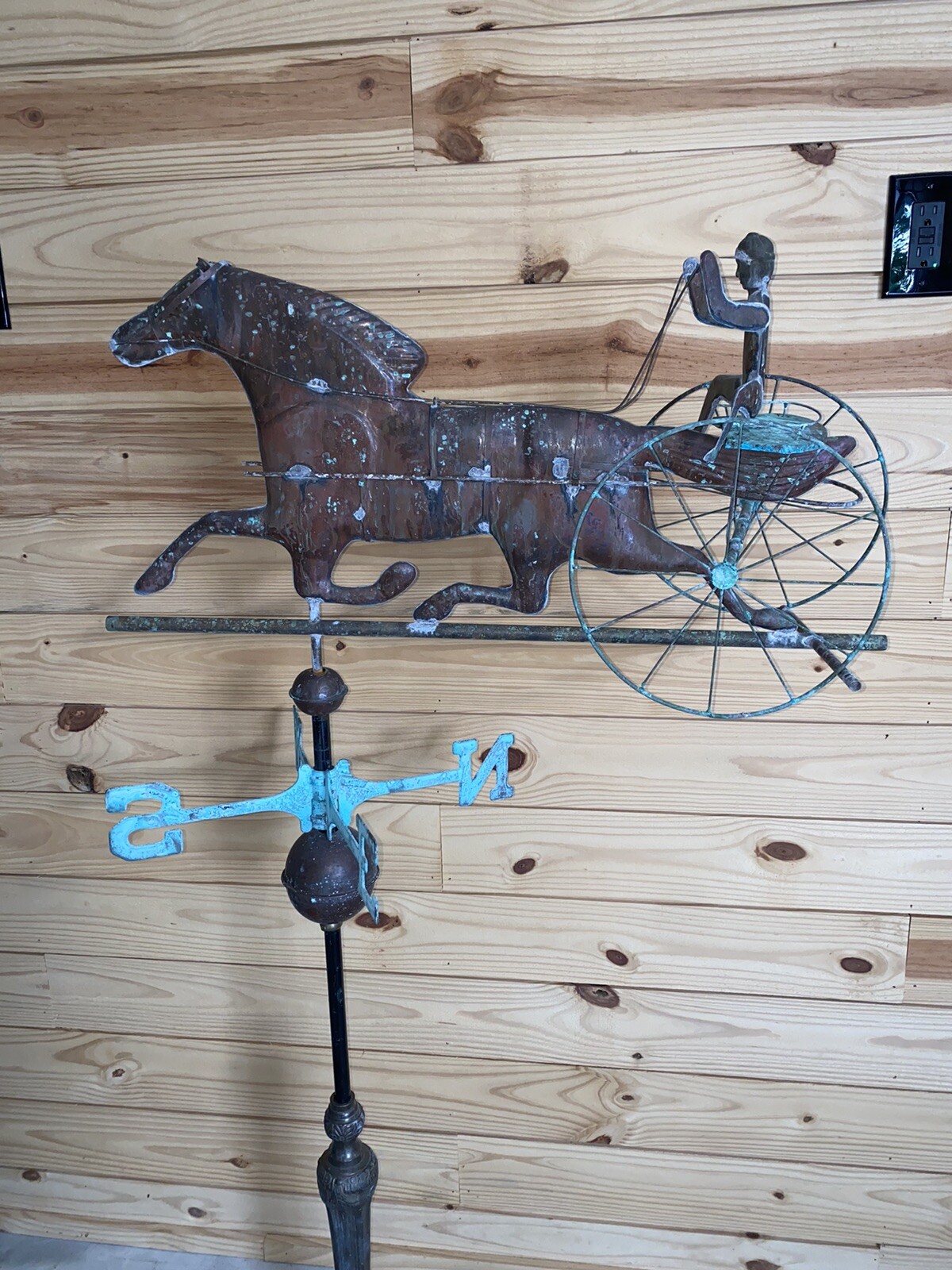 Antique 32″ Copper Horse & Sulky Weathervane w/ Jockey & Directionals