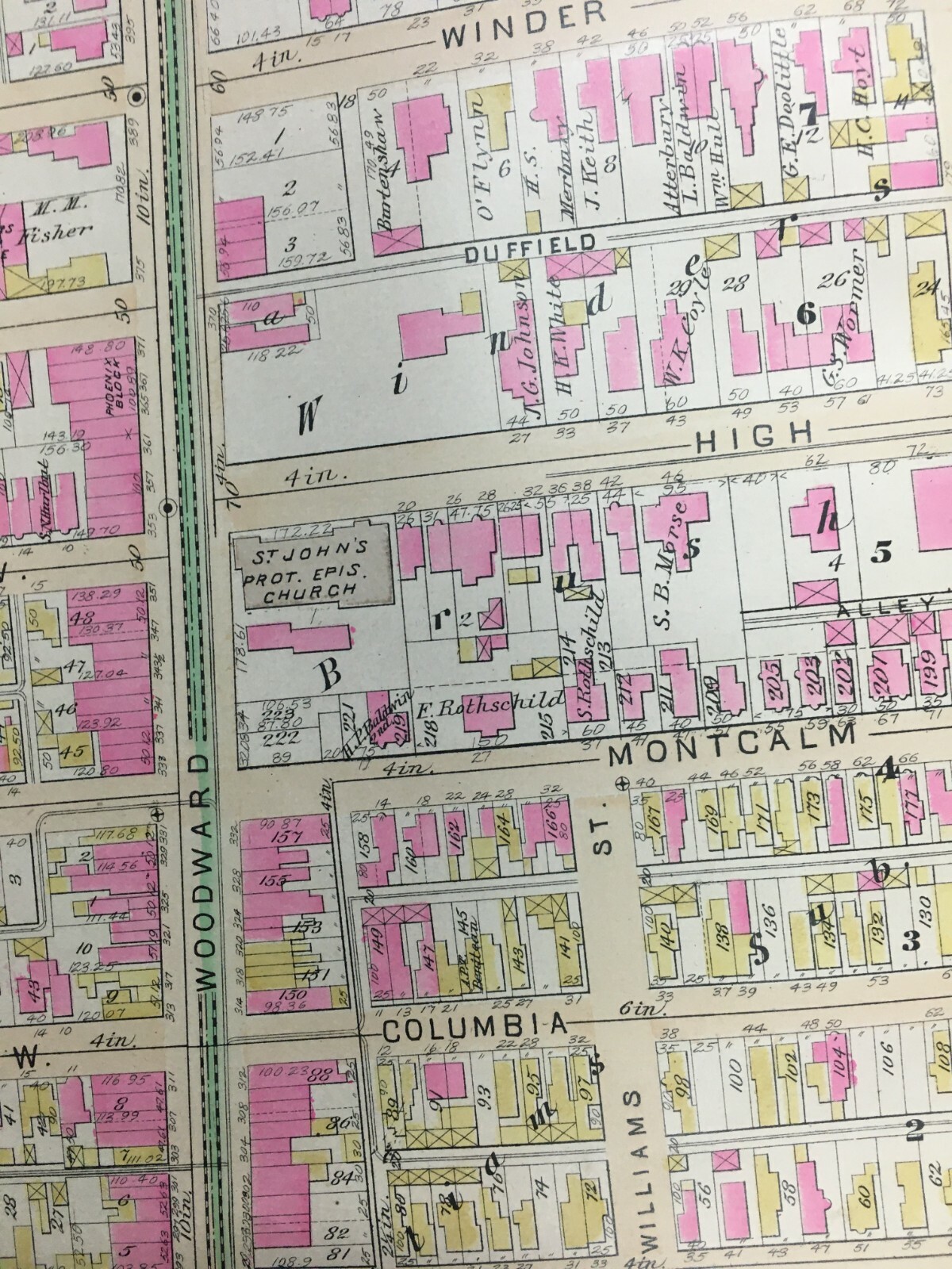 1885 CENTRAL BUSINESS DISTRICT DETROIT MI BAGG TO ELIZABETH ST & CASS ATLAS MAP