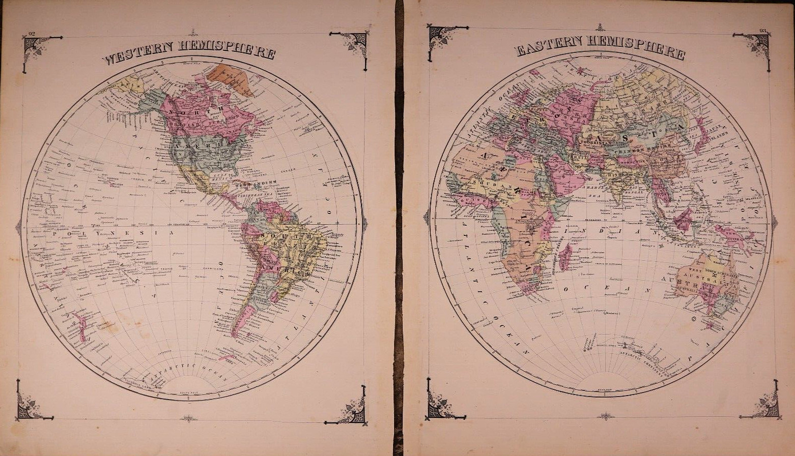 1874 Map ~ THE EASTERN & WESTERN HEMISPHERES of the WORLD (15×17)-#014