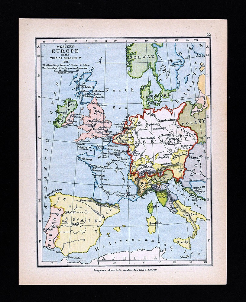 Antique Map Europe Charles V – 1525 Germany France Italy France England Savoy