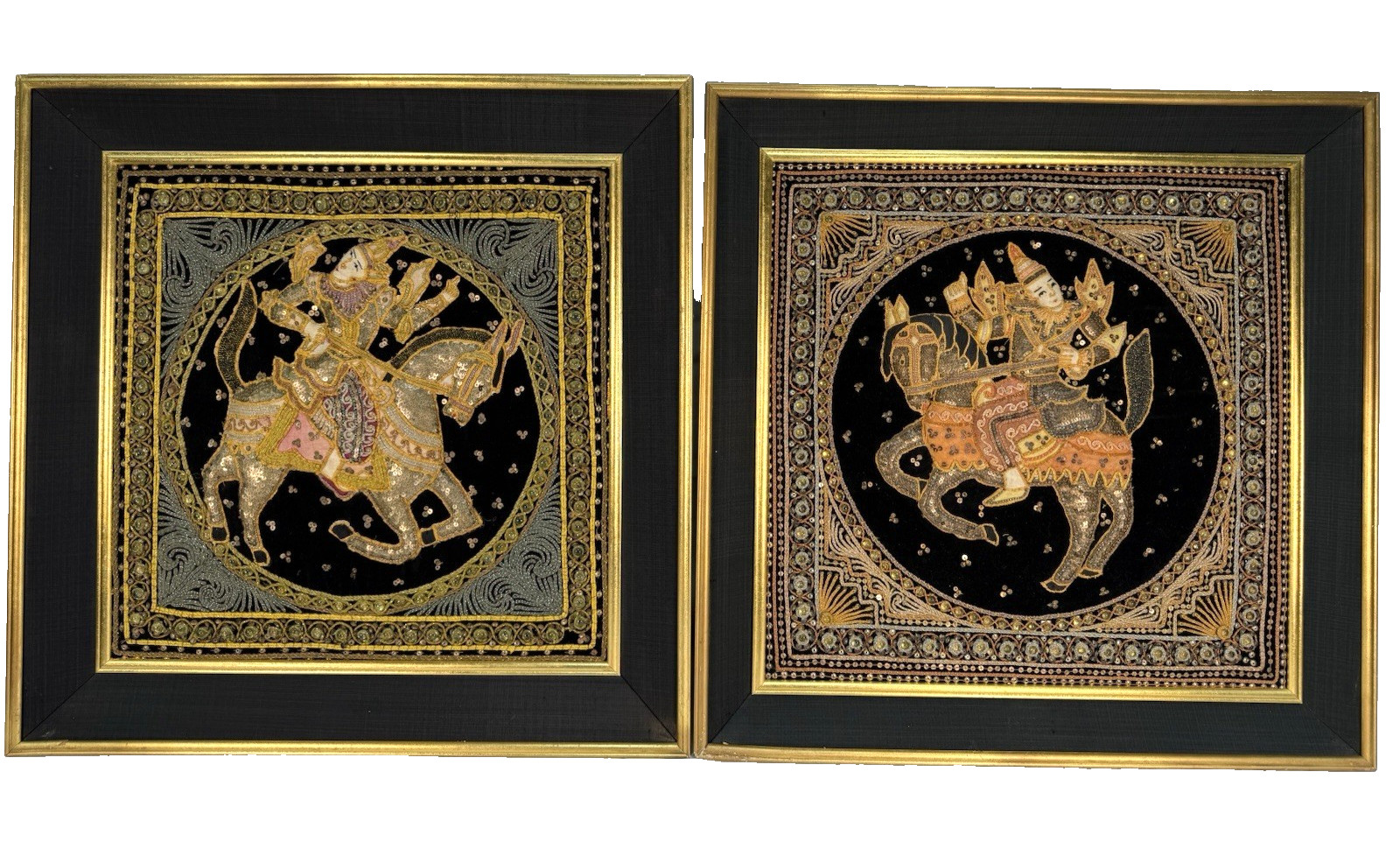 Vintage Burmese Kalaga Tapestry Framed Pair 24×24 Hand Embroidered Warrior Horse