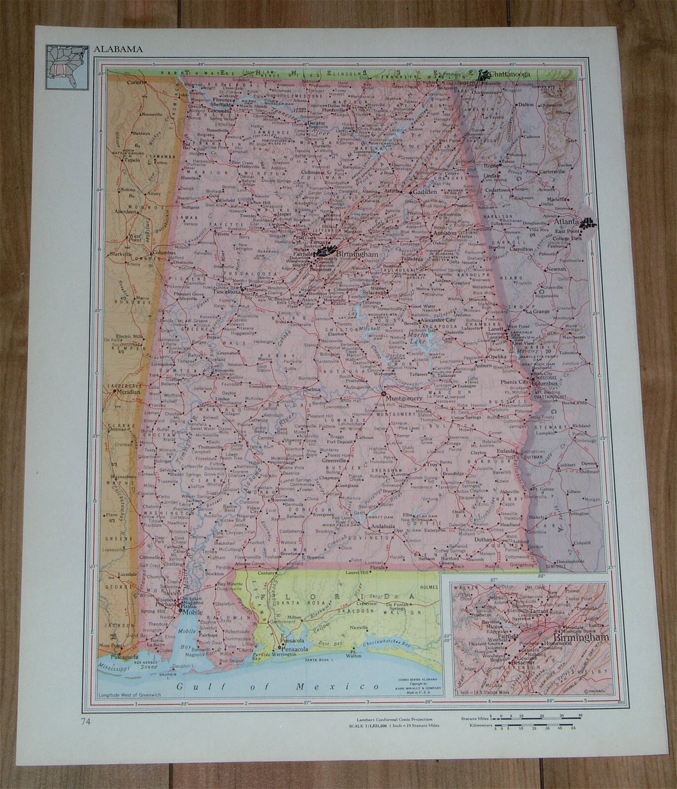 1951 ORIGINAL VINTAGE MAP OF ALABAMA / BIRMINGHAM