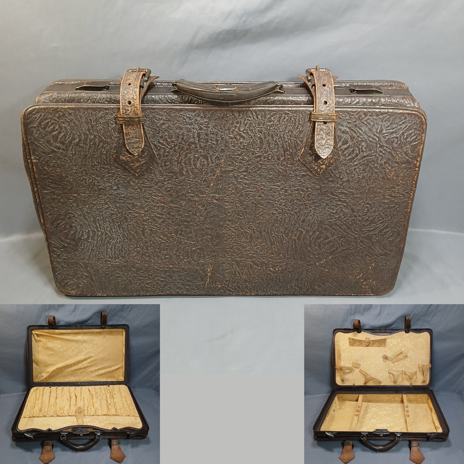 Antique 1920s Peerless Leather Suitcase Vintage Tooled Cowhide Decor
