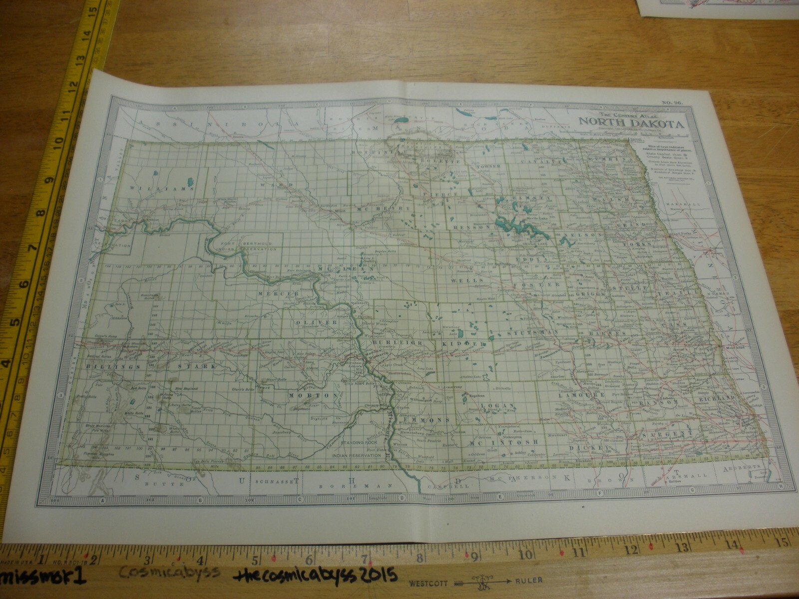 North Dakota No.26 1897 & 1902 the Century Atlas VINTAGE color map 12×16″