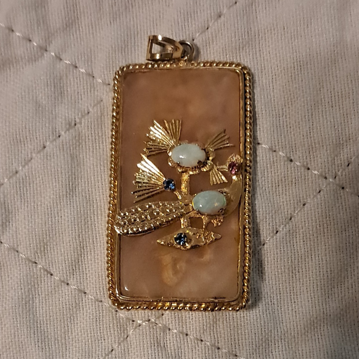 Rectangular Chinese Pendant Gold Bird Motif Stone Metal Brown Gold Multicolor