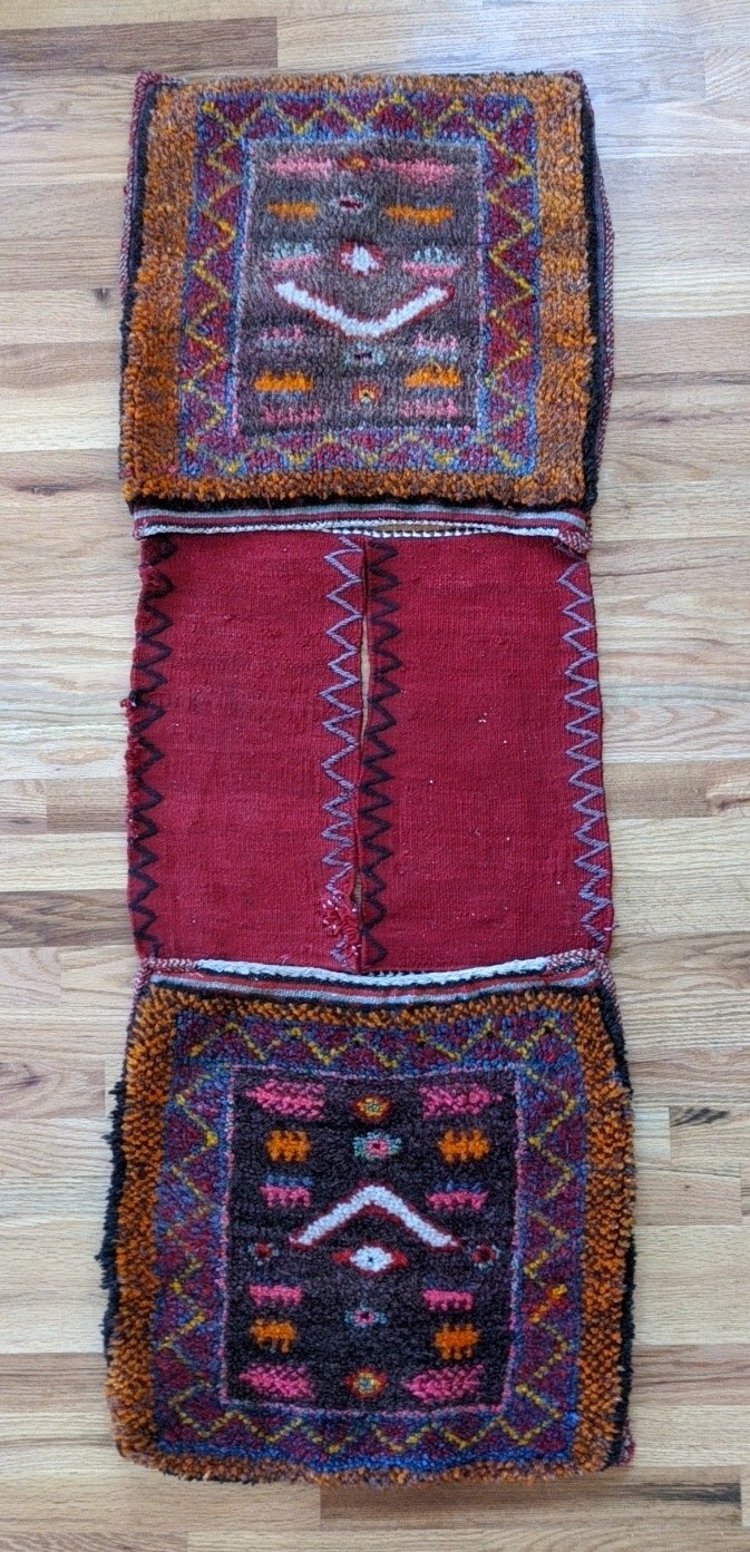 Vintage Old Berber Hand Woven Tribal Wool Camel Saddle Bag