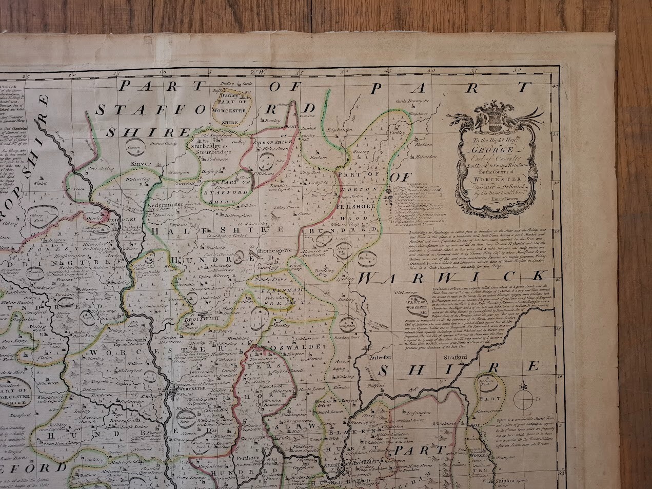 ANTIQUE 18TH CENTURY COUNTY MAP EMANUEL BOWEN WORCESTER WORCESTERSHIRE 1756