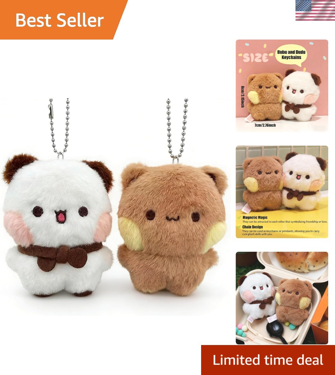 2 Pcs Bubu & Dudu Bears Magnetic Plush Keychain Couple Cartoon Decor Gift