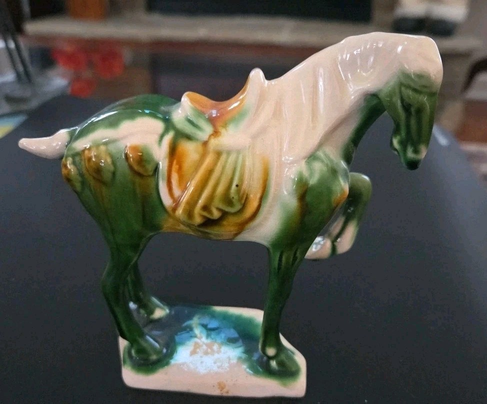 Chinese Tang Style Tri-Color Drip Glaze Ceramic War Horse Figurine Green