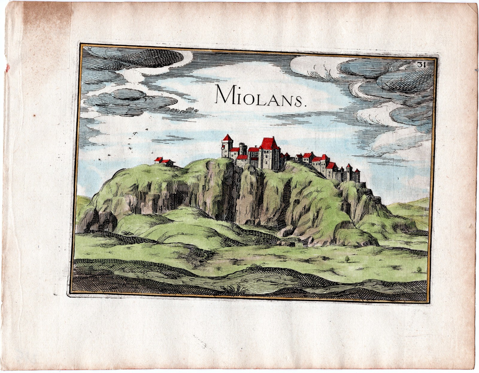 1634 Nicolas Tassin Miolans, Château de Miolans, Savoy, France, Antique Print