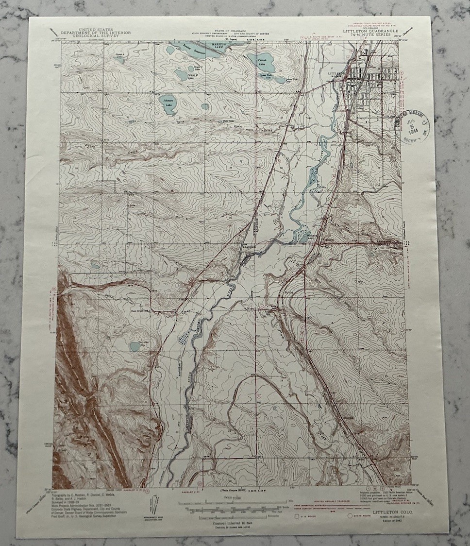 VINTAGE LITTLETON COLORADO GEOLOGICAL SURVEY TOPOGRAPHICAL MAP 1942 USGS WW2 ERA