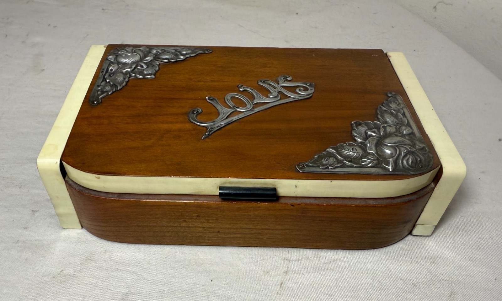 Quality antique handmade wood sterling silver celluloid jewelry box casket
