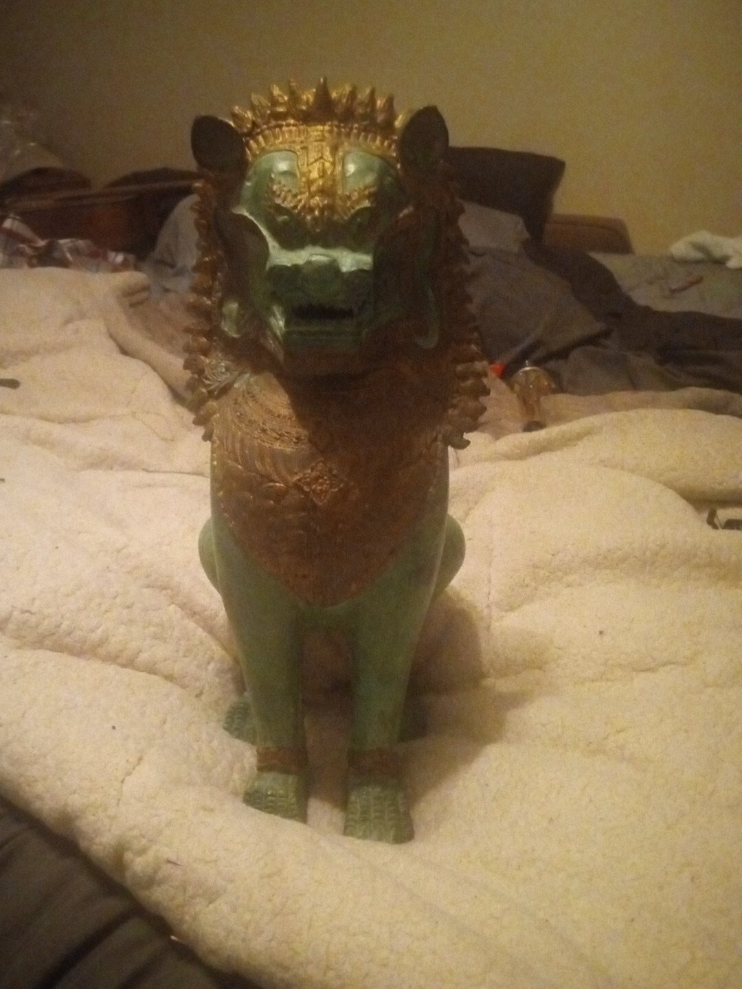 RARE THIA SINGHA TEMPLE LION FOO DOG BRONZE GOLD PATINA