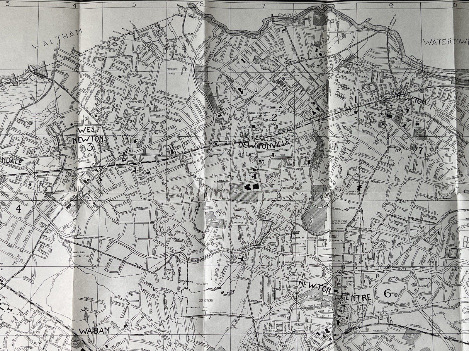 1944 Newton Folding Map,Upper Lower Falls,Highlands,Centre,Chestnut Hill,Mass