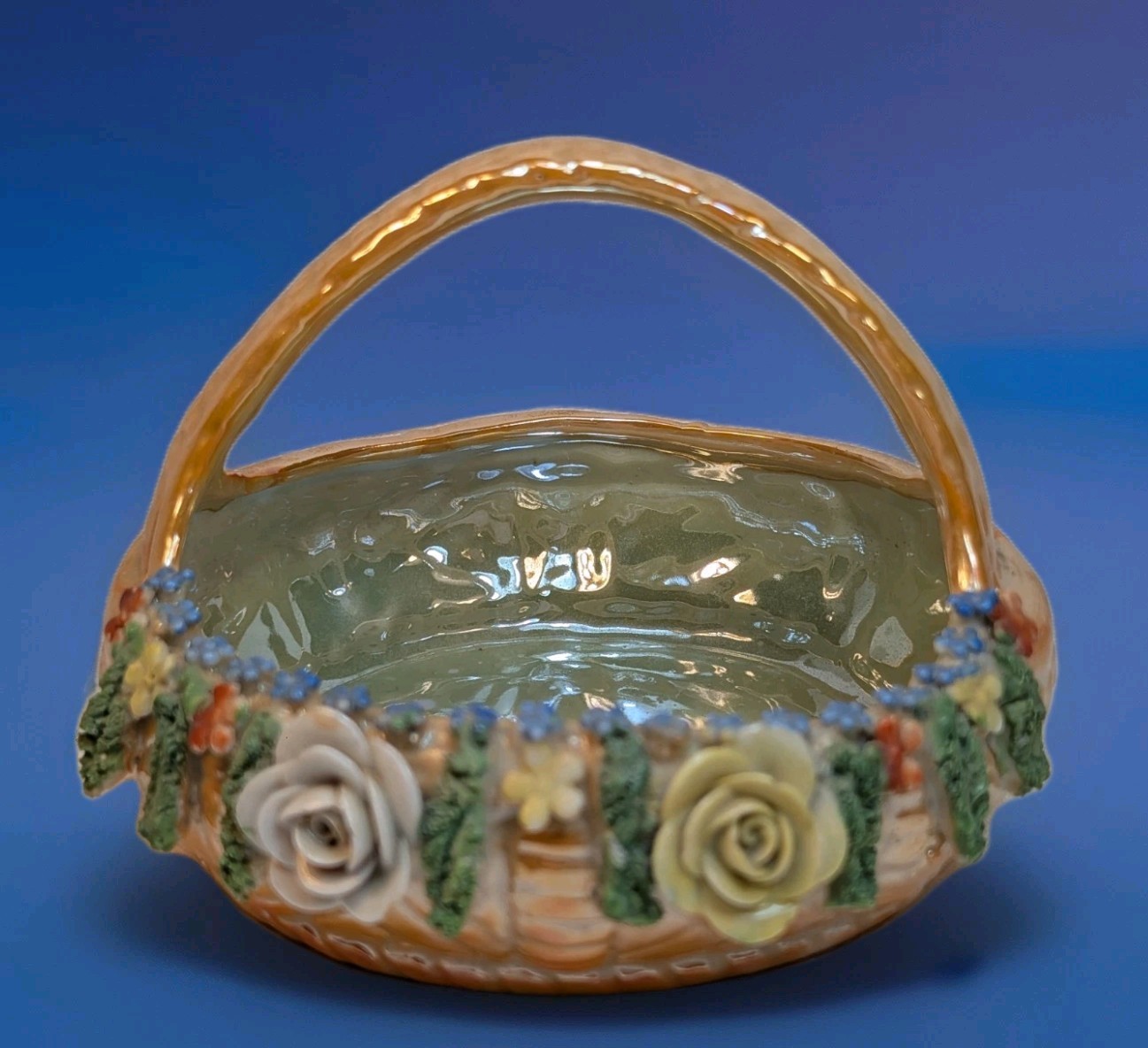 German Elfinware Large Luster Glaze Handled Basket Antique circa 1930 6in