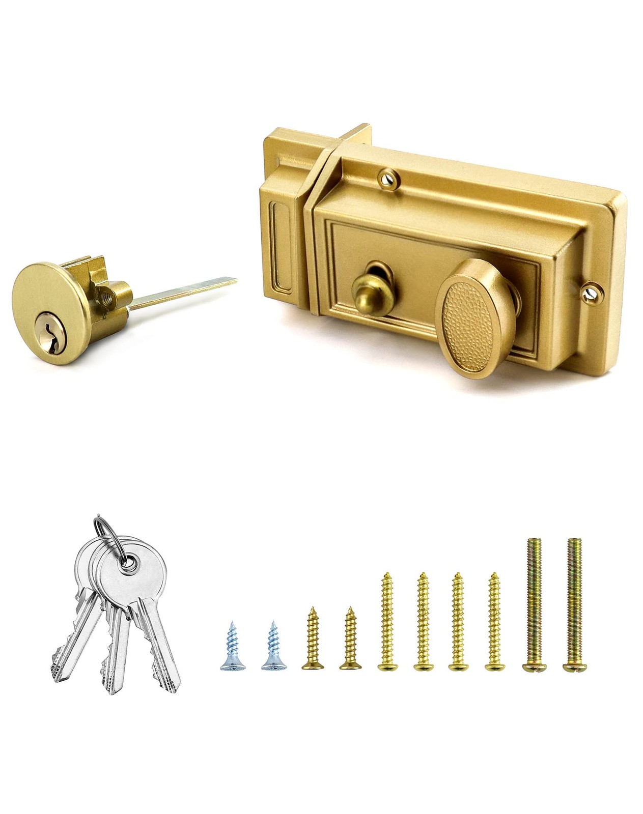 QWORK Night Latch Deadbolt Rim Lock with Key Gold Finish Antique Style