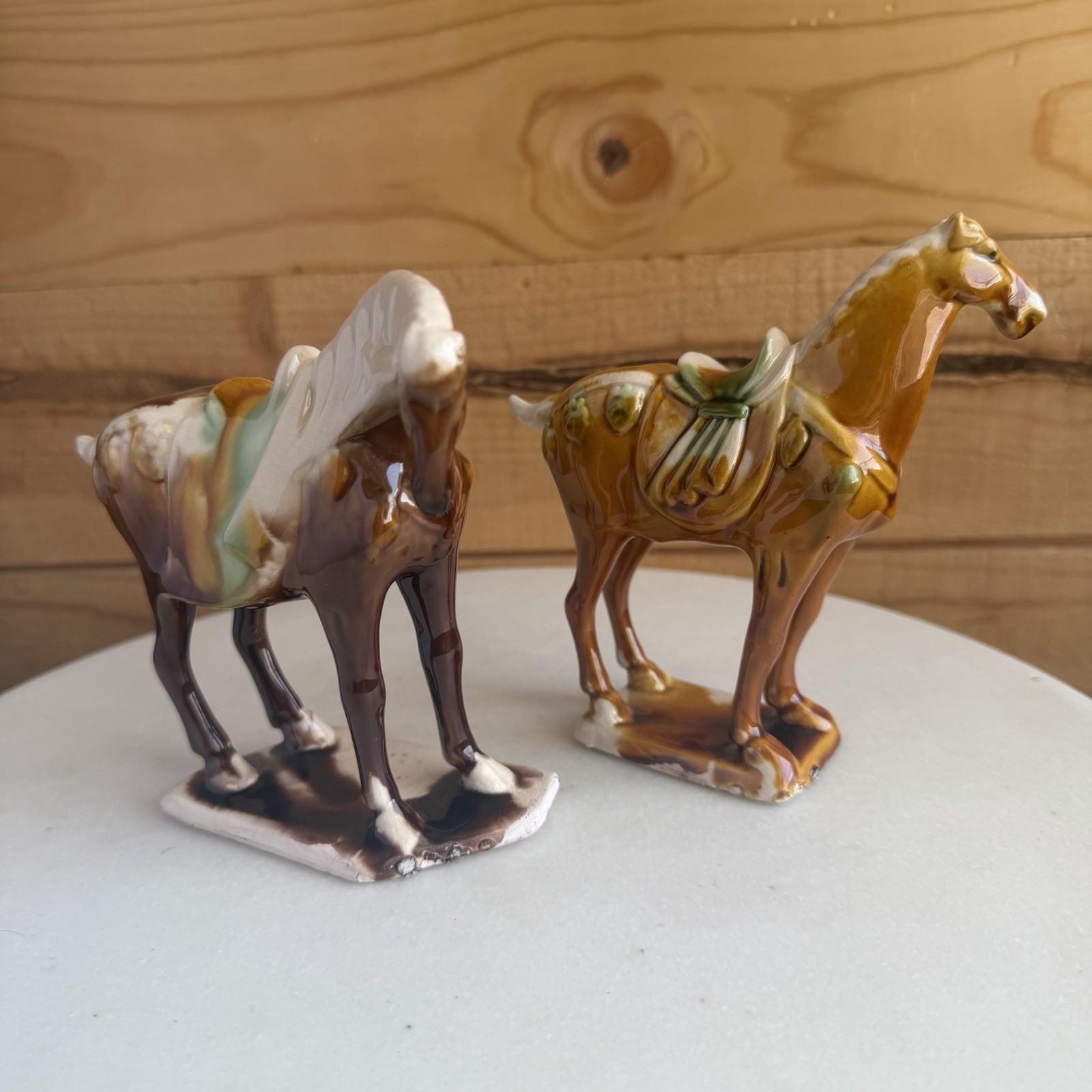 Chinese Tang Tri-Color Drip Glazed Ceramics War Horse Porcelain Statue Set Of 2