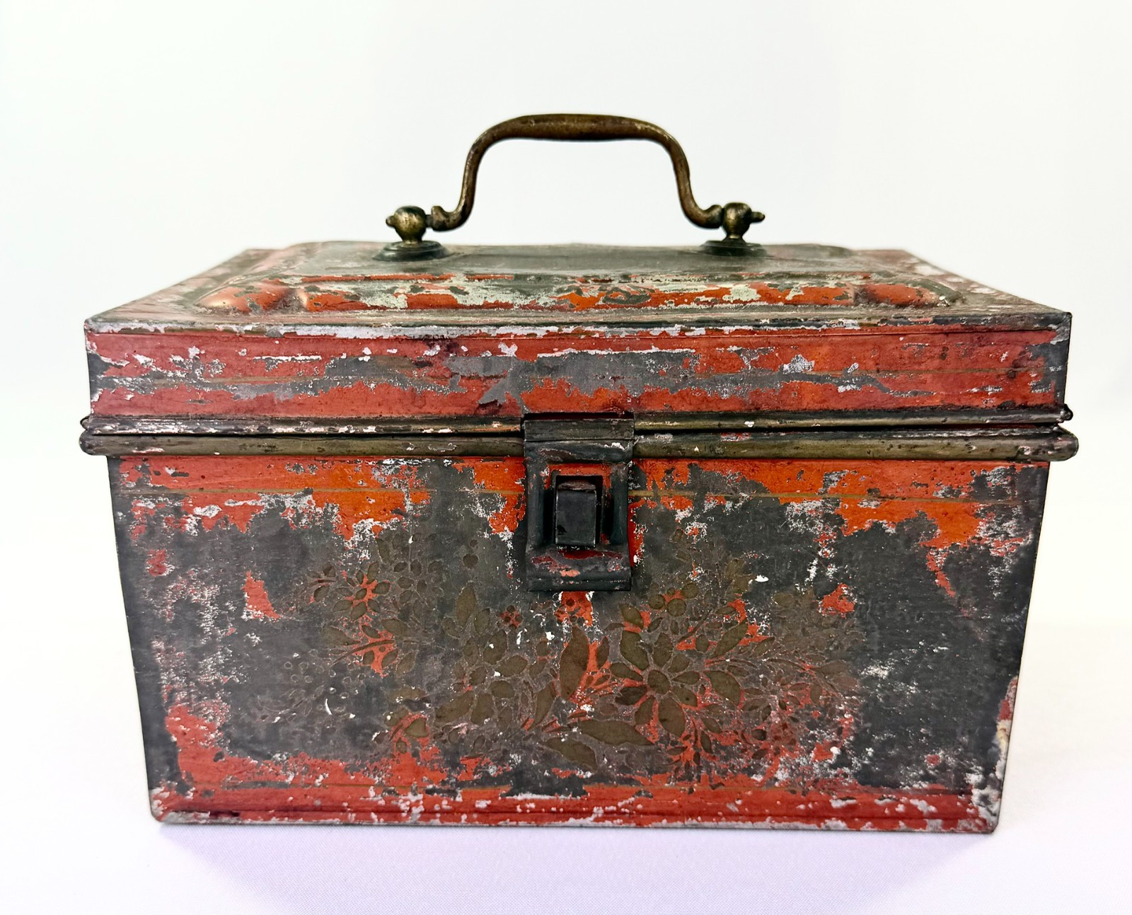 Antique Metal Docment Box 19thC Stenciled Toleware Deed Case Chippy Red Patina