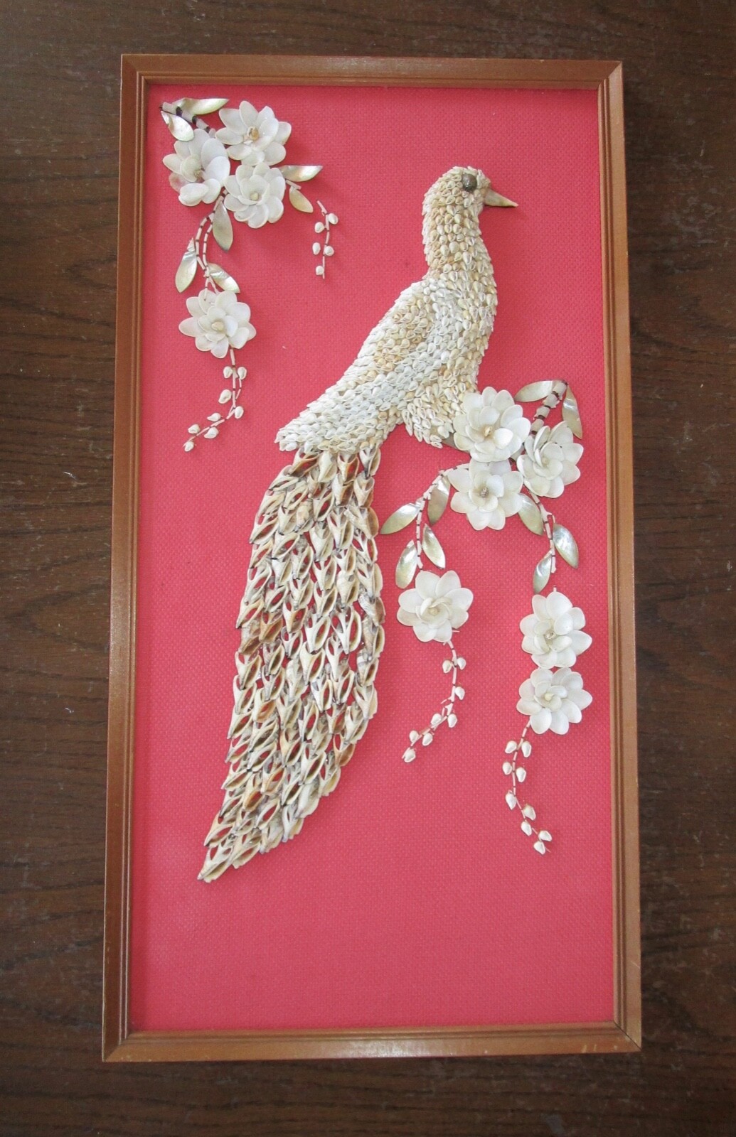 Sea Shell Mosaic Picture 25″ Boho Beach Bird on Red Fabric VTG
