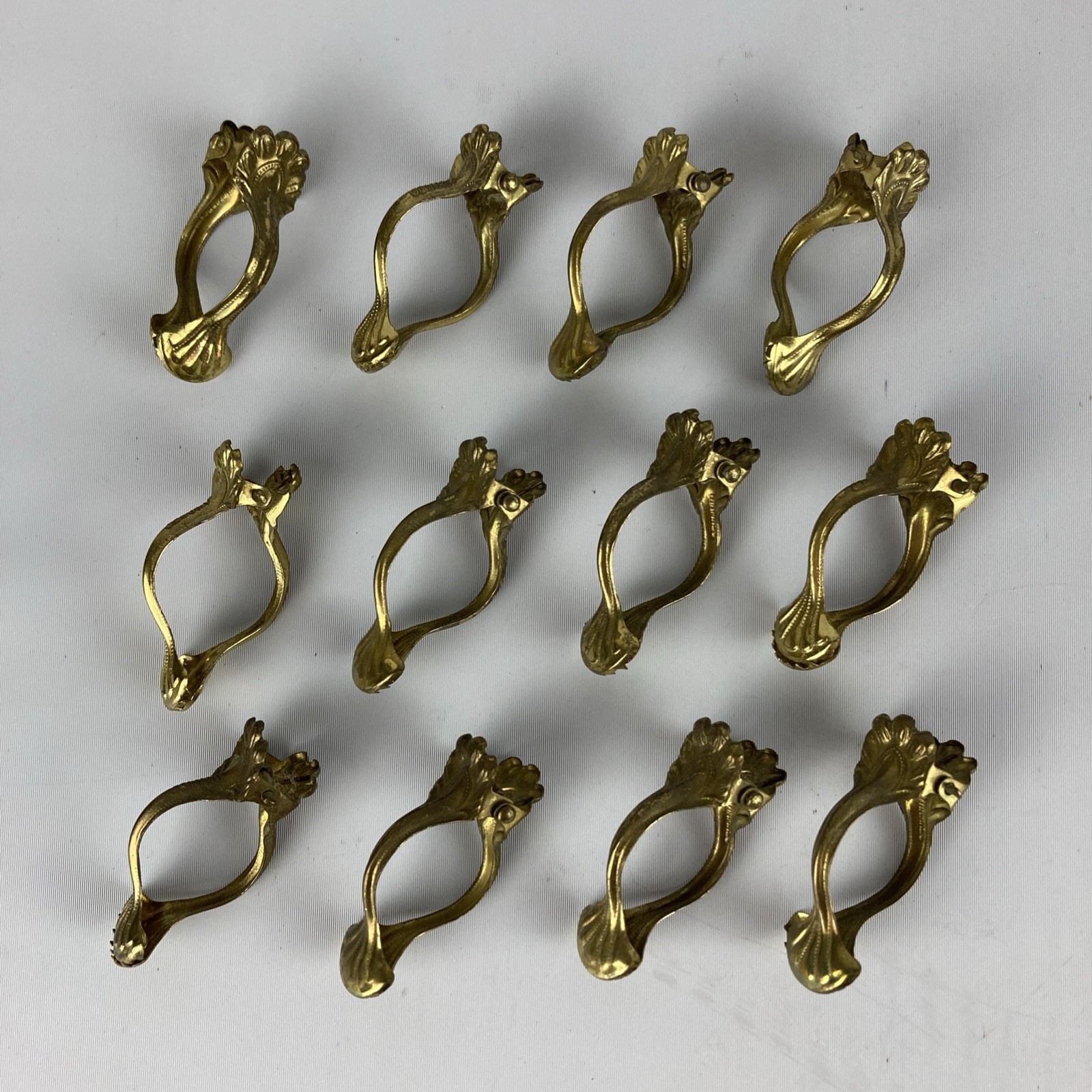 Set of 12 Antique Small Brass Cafe Curtain Clips Clamshell Clamps Germany Marked