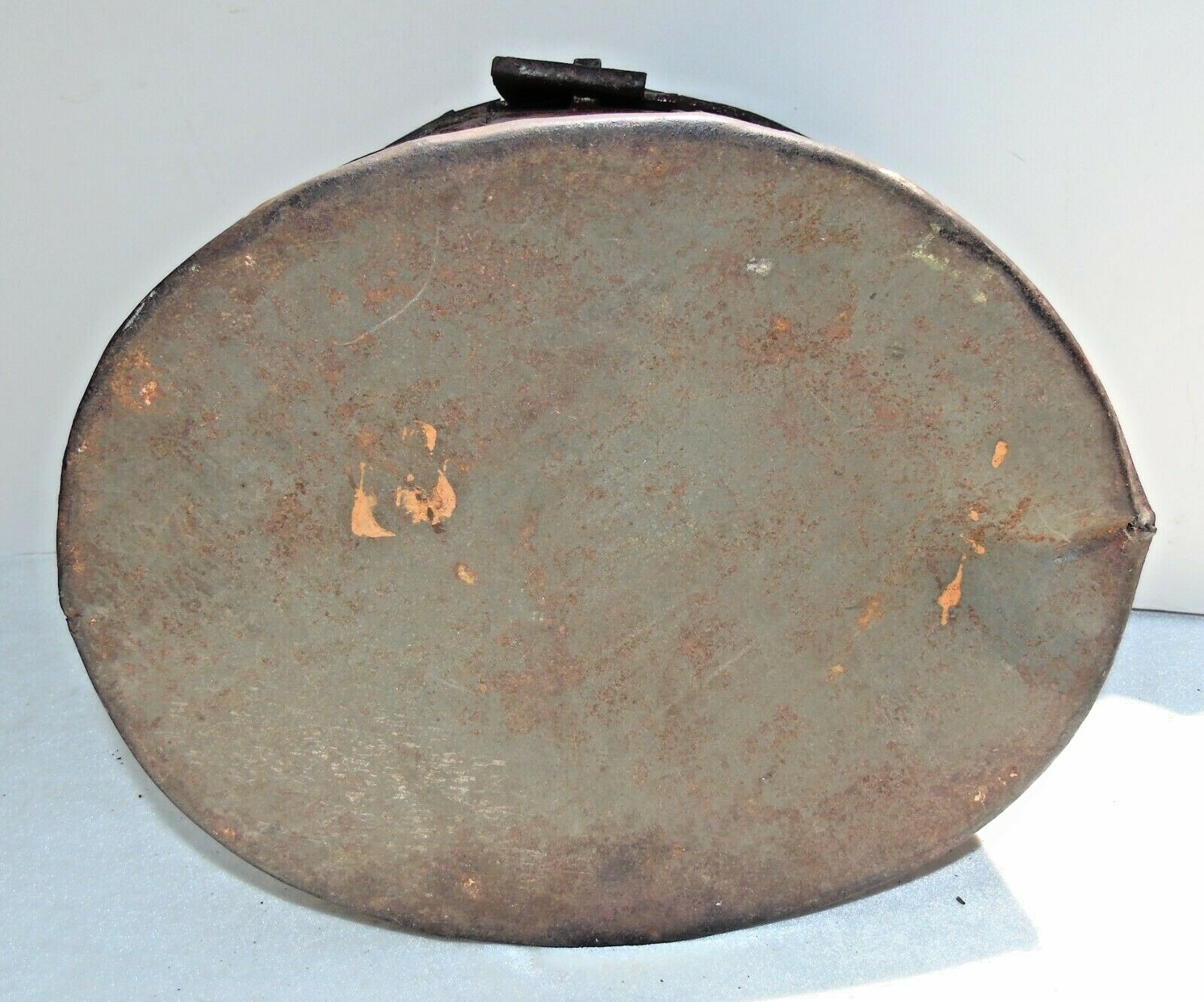 Antique Primitive Metal Tin Hat? Box w/ Lid Handle Latch Red Paint