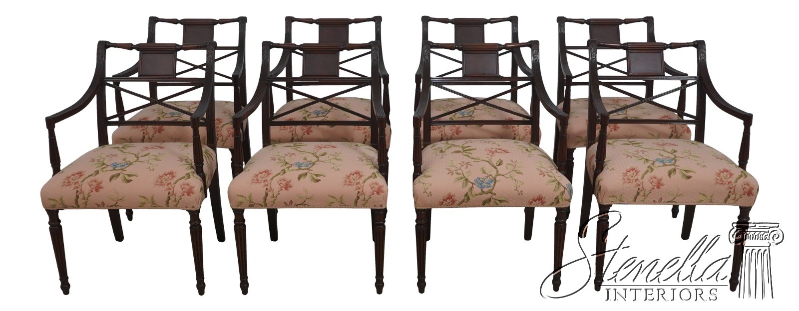 L73126: Set of 8 Antique Sheraton Mahogany Dining Room Armchairs