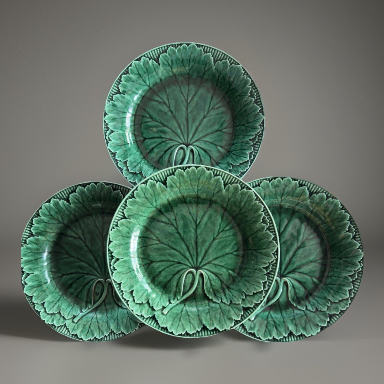4 Antique Victorian Wedgwood Majolica Plates, Cabbage Leaf Pattern, 8” C 1860