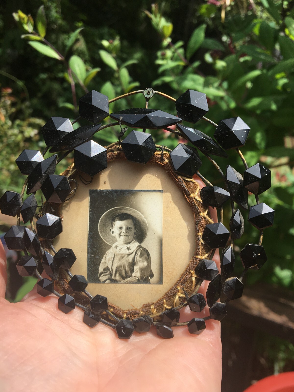 unique PRIMITIVE hand made Victorian brooch~pin~mourning child~funeral~Jet beads