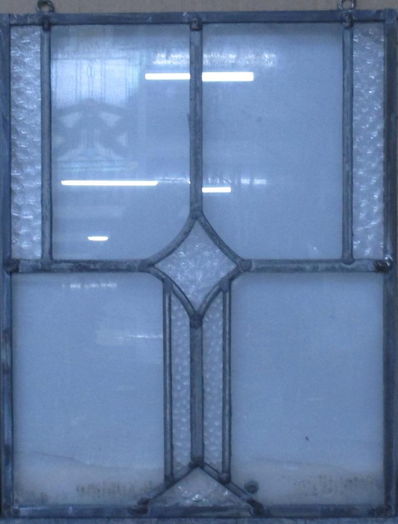 PRETTY GEOMETRIC LEADED STAINED GLASS WINDOW Unframed w Hooks 12 1/4″ x 15 1/2″