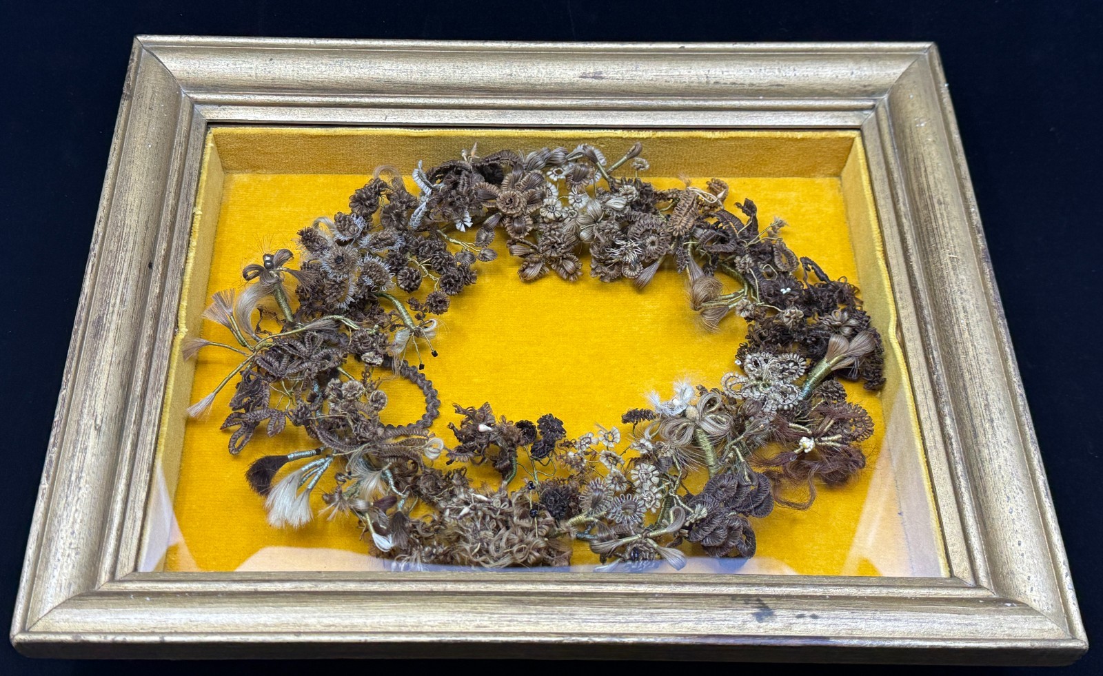 Victorian Mourning Hairwork Hair Art Floral Wreath with Original Shadowbox