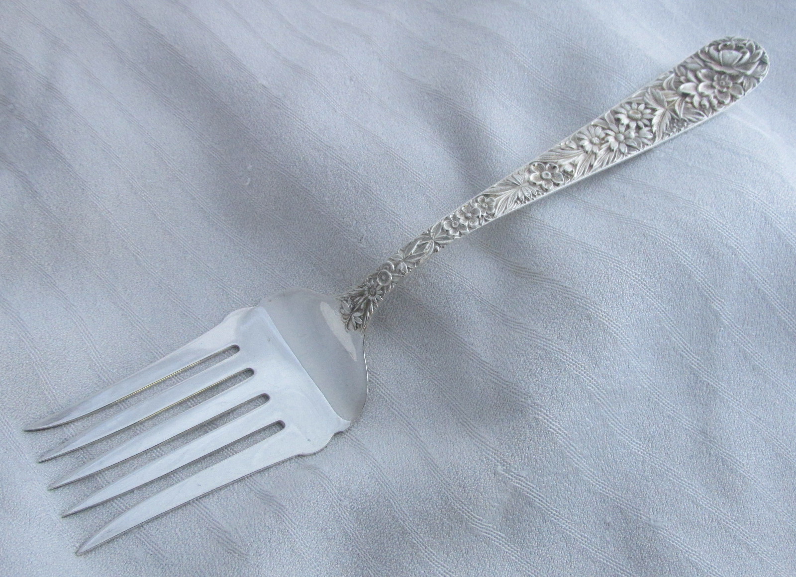 Antique S Kirk&Son Sterling Silver Repousse X-Large Buffet Serving Fork
