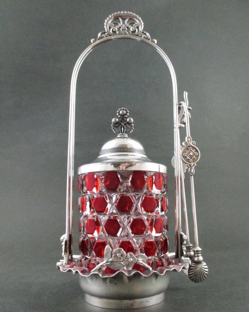 RUBY flashed EAPG Hex BLOCK jar – Antique PICKLE CASTOR – ACME #1135 Quad Silver
