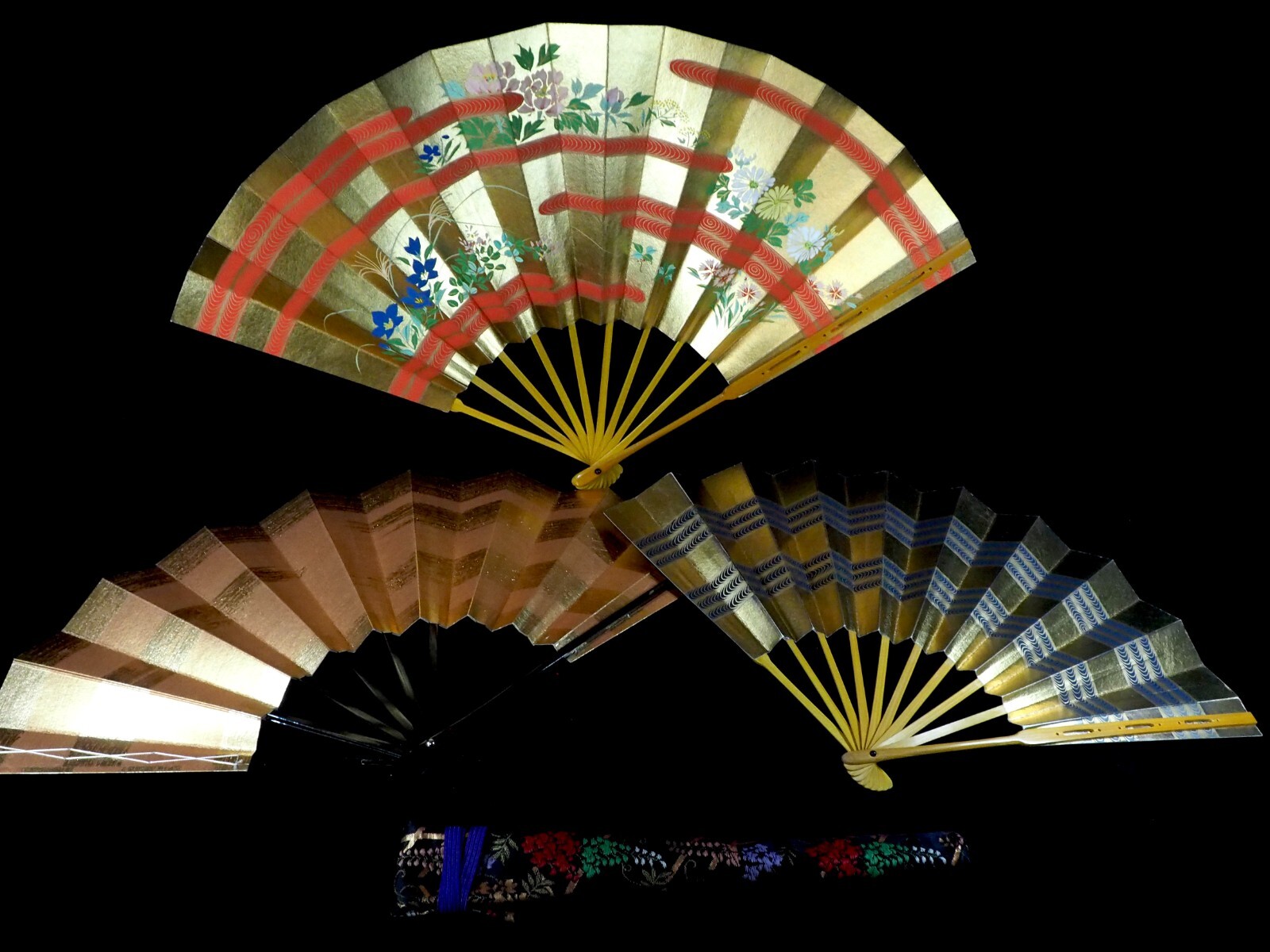 Vintage Japanese folding hand fans set of 3 with fan cover circa 2010s
