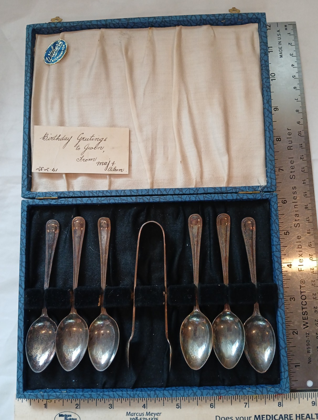 Vintage 1930’s-1940’s ~ 6x Teaspoons & Sugar Tongs ~ In Presentation Box ~ EPNS