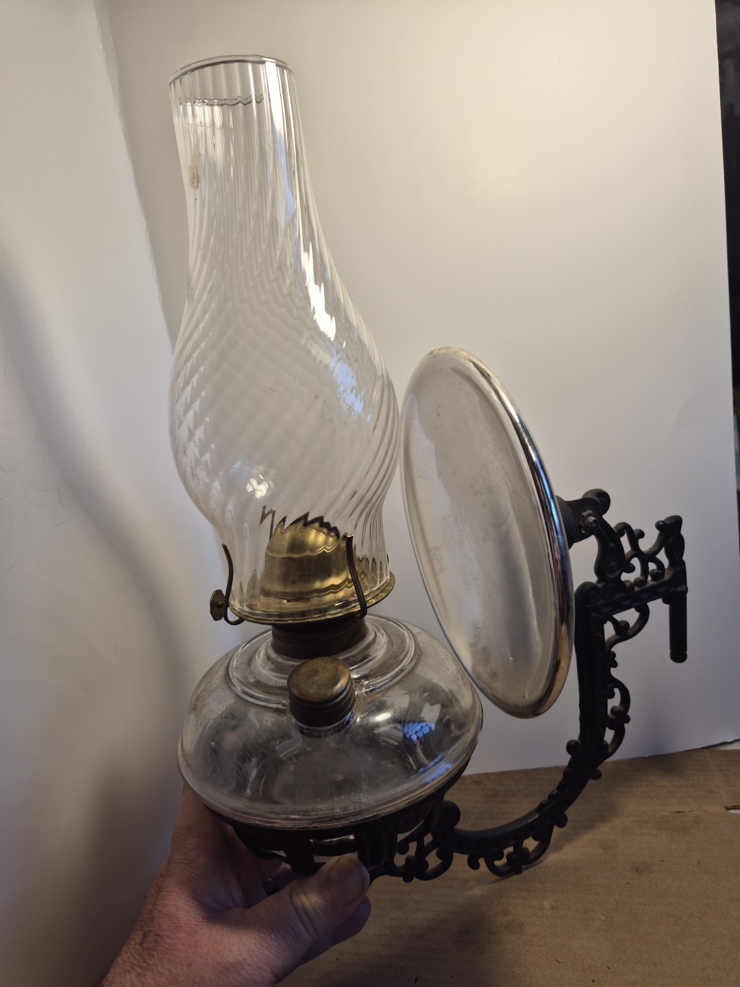Antique Cast Iron Oil Lamp Mercury Glass Reflector & Wall Mount P&A Burner