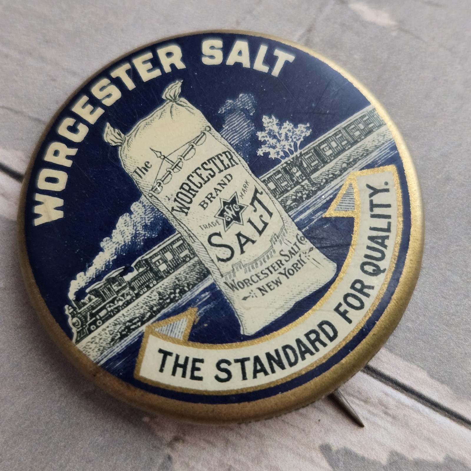 RARE Antique 1896 Worcester Salt Pin w/ Train Design Pinback Button 1-1/4″