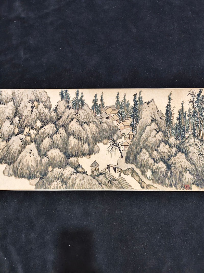87in Chinese Old Long Painting Rice Paper Scrolls Outing By Shen Zhou 沈周 平桥远水图