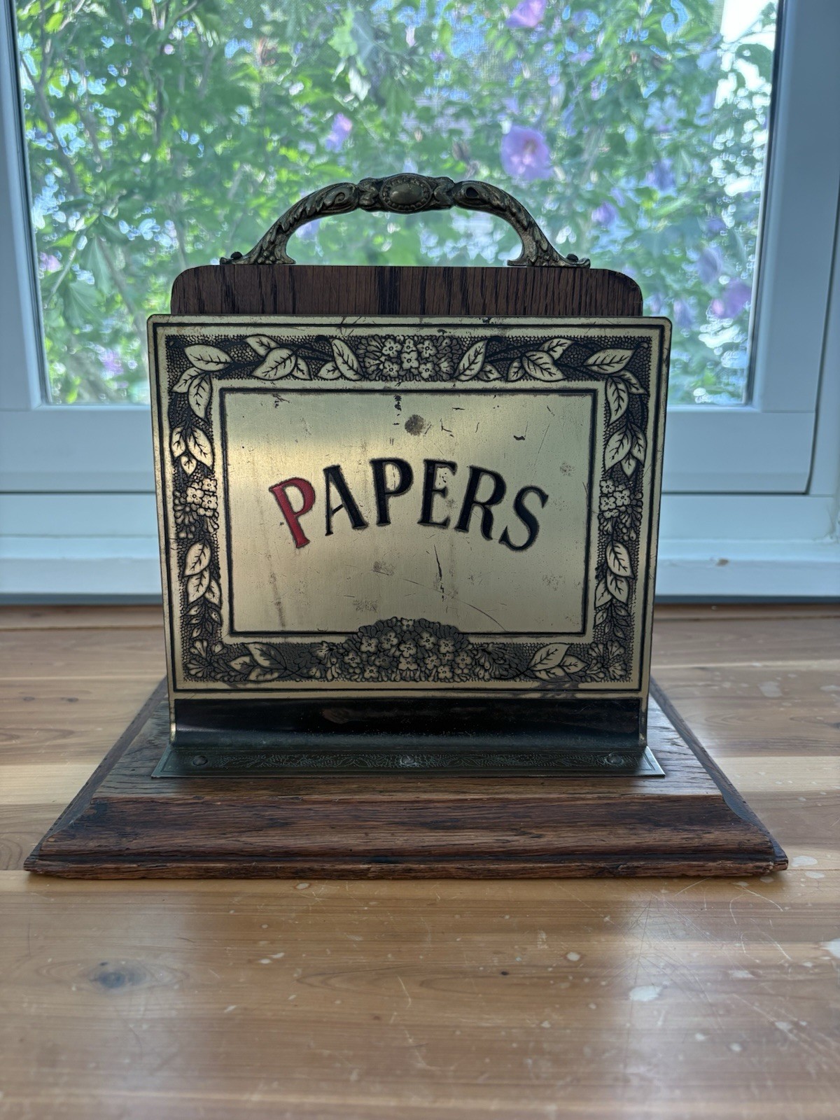 Antique Victorian Edwardian Brass and Oak Paper Desk Organizer Mail Rack