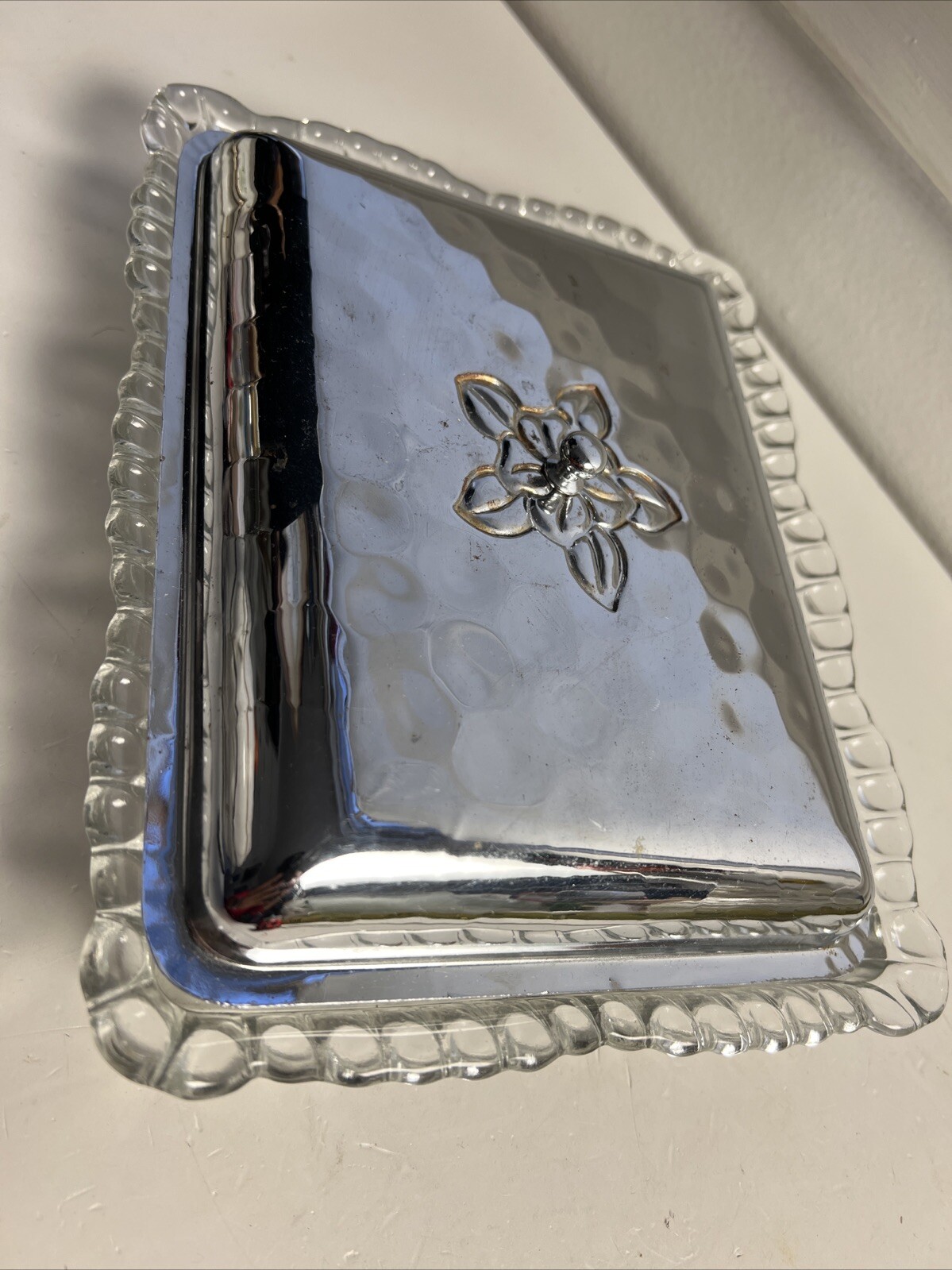 Vintage Glass Relish Tray 3 Divisions With Hammered Aluminum Lid