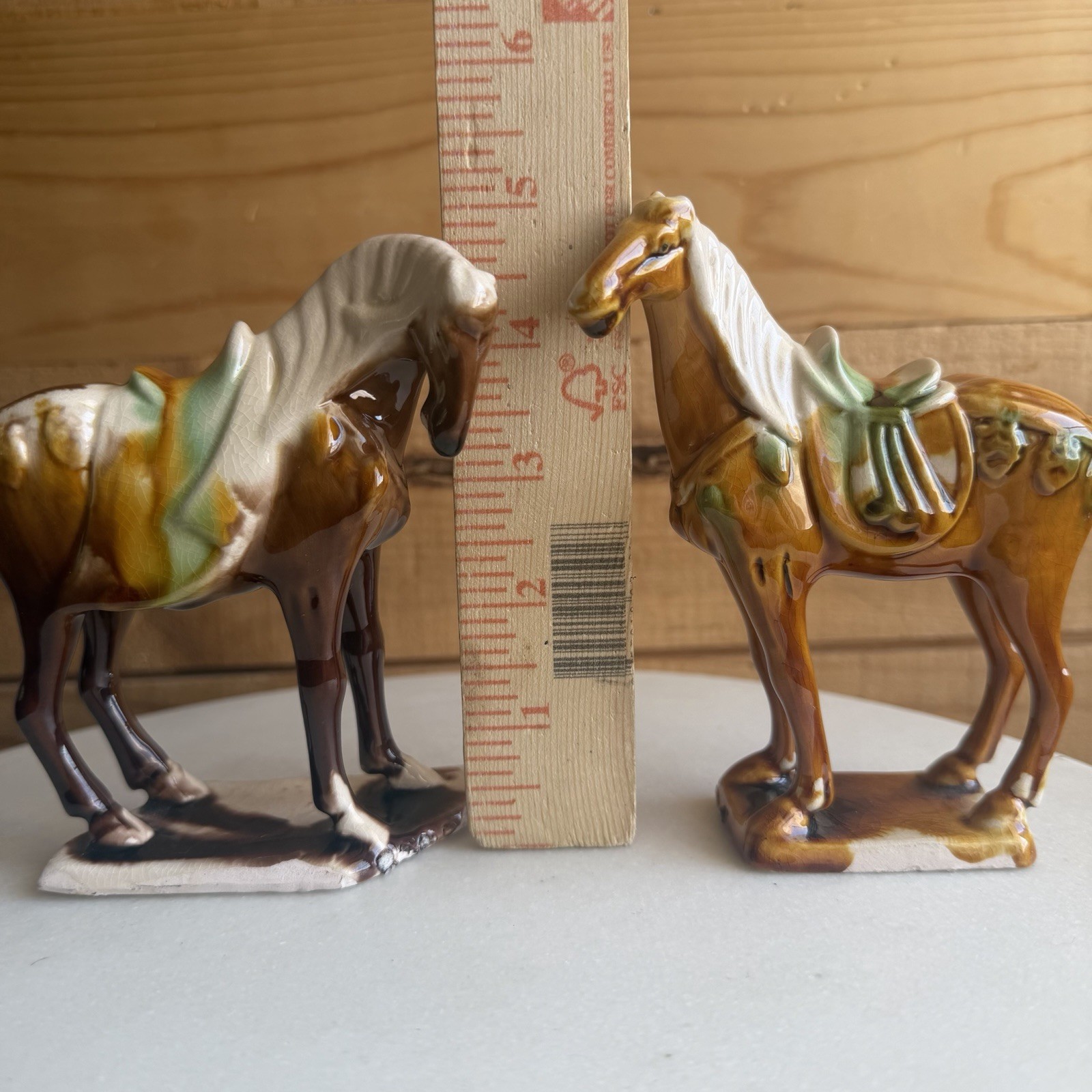 Chinese Tang Tri-Color Drip Glazed Ceramics War Horse Porcelain Statue Set Of 2
