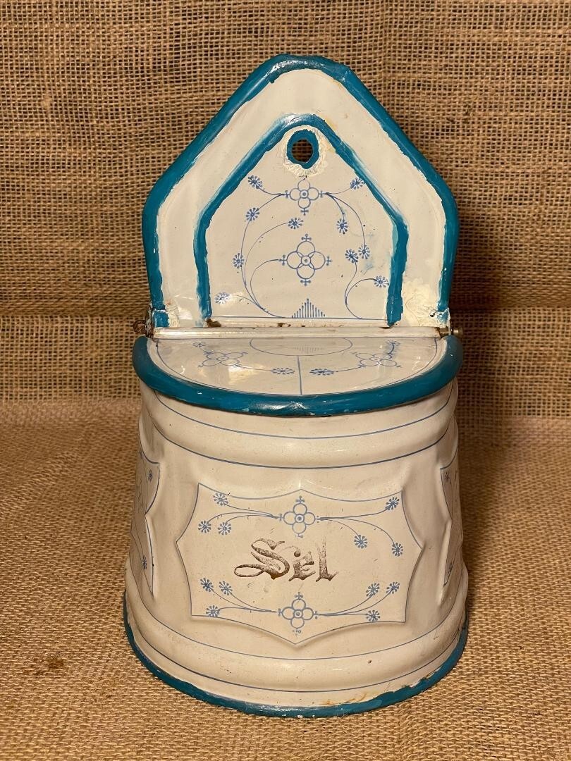 ANTIQUE JAPY Enamel SEL Salt Canister White with Blue Hinged Lid/ FRANCE