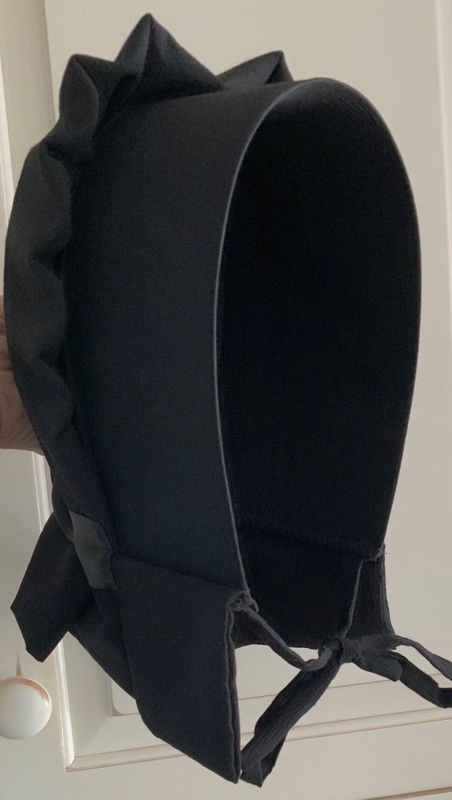 Classic Antique Amish Black Bonnet Ruffled Stiff Edge Tie 19 x 5 “Annie Smucker”